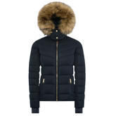Black puffer jacket with fur hood on a white background